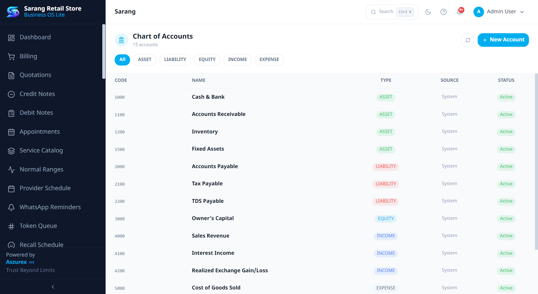 Sarang Chart of Accounts screen listing asset, liability, equity, income, and expense accounts