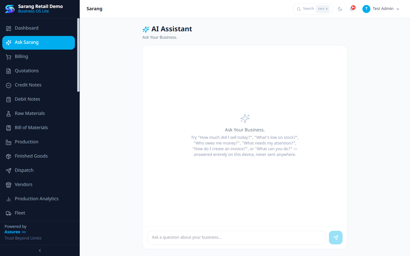 Sarang's Ask Your Business AI assistant screen