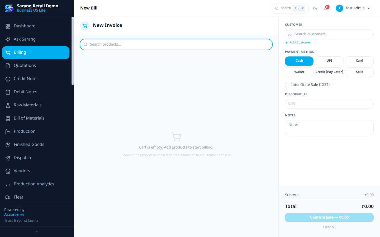 Sarang new invoice / billing screen with product search and payment method selection