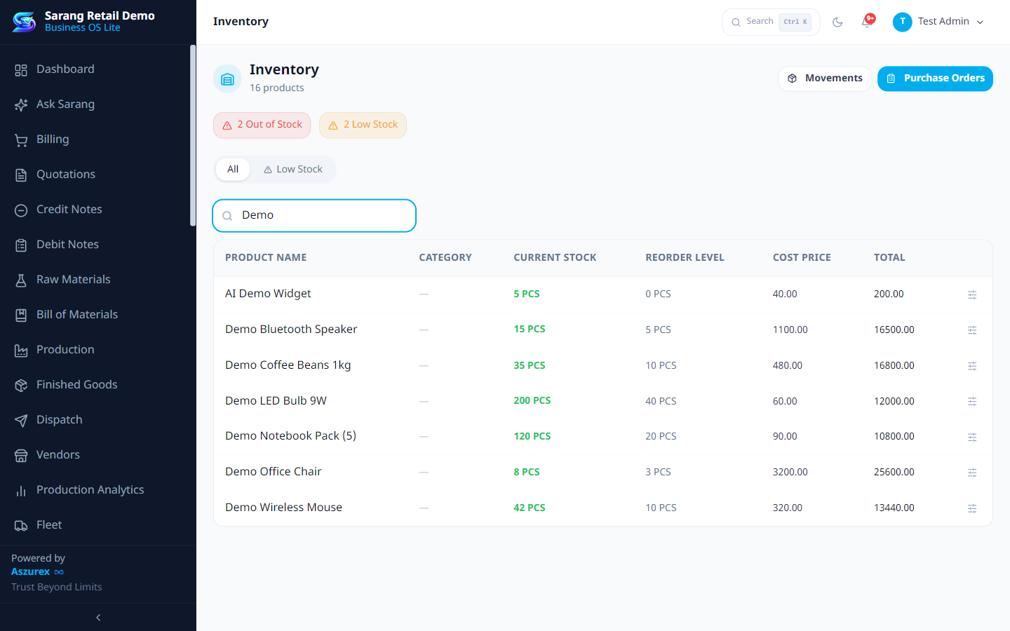 Sarang inventory screen showing stock levels and reorder alerts