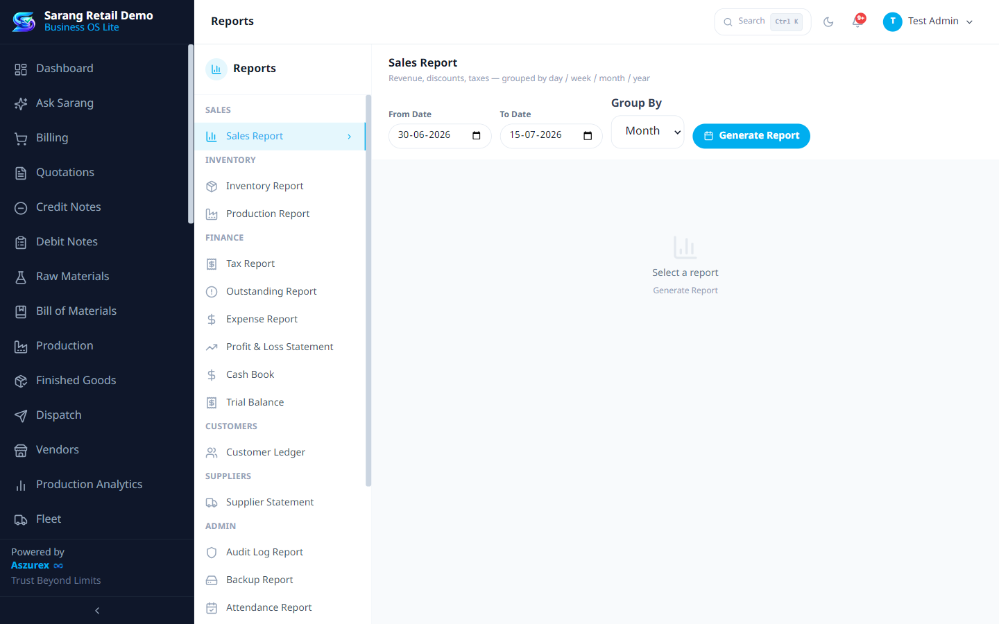 Sarang reports screen listing Sales, Inventory, Tax, Profit and Loss, and other reports