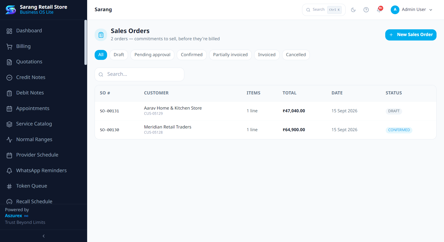 Sarang Sales Orders screen showing draft and confirmed orders before billing