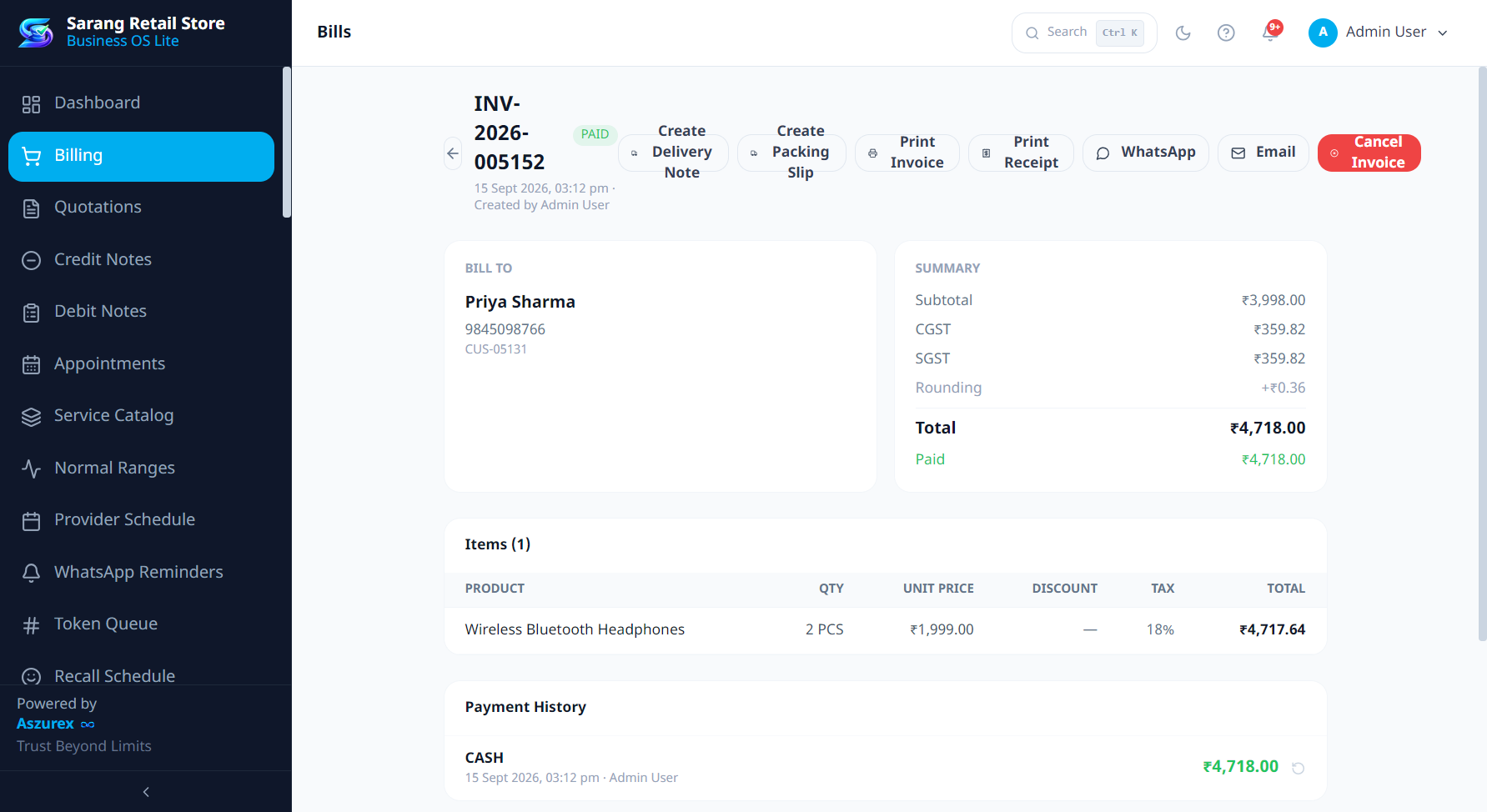 Sarang invoice screen with WhatsApp and Email share buttons